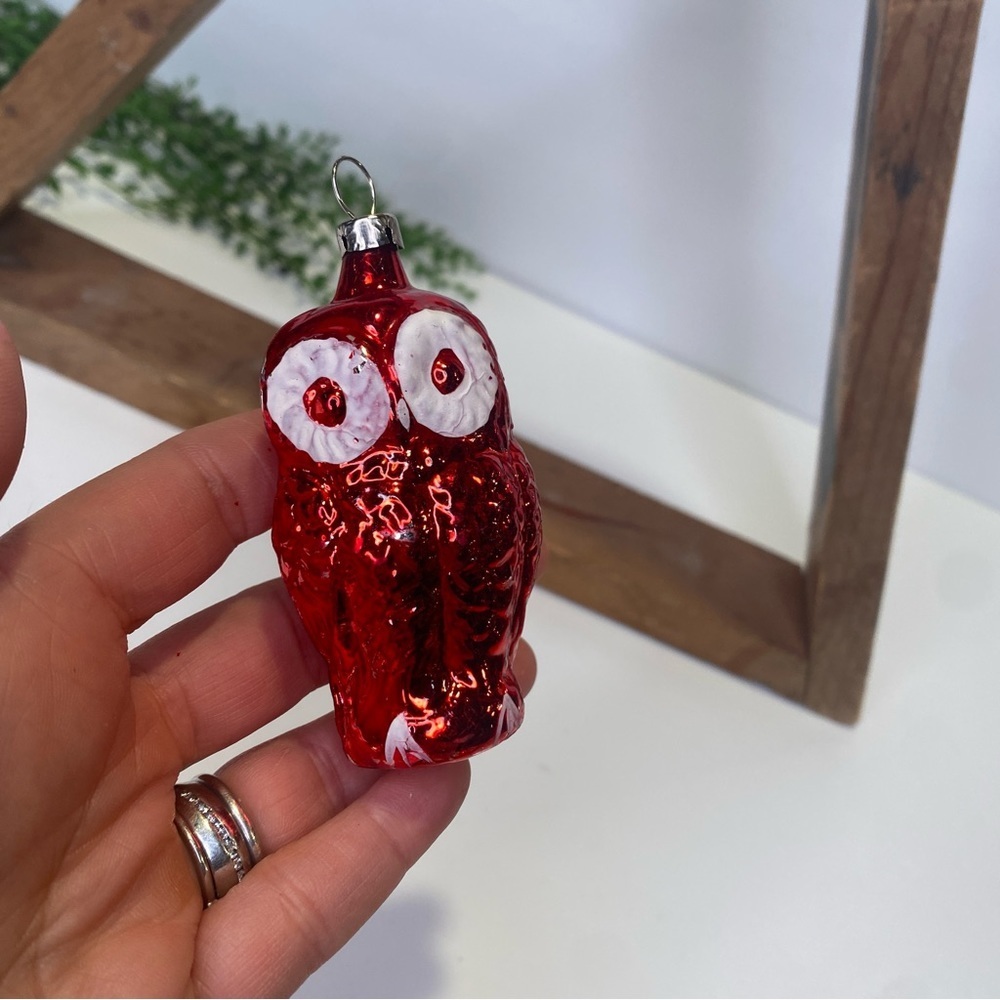 Vintage Red Hand Blown Glass Owl Ornament Made in Czechoslovakia Big White Eyes